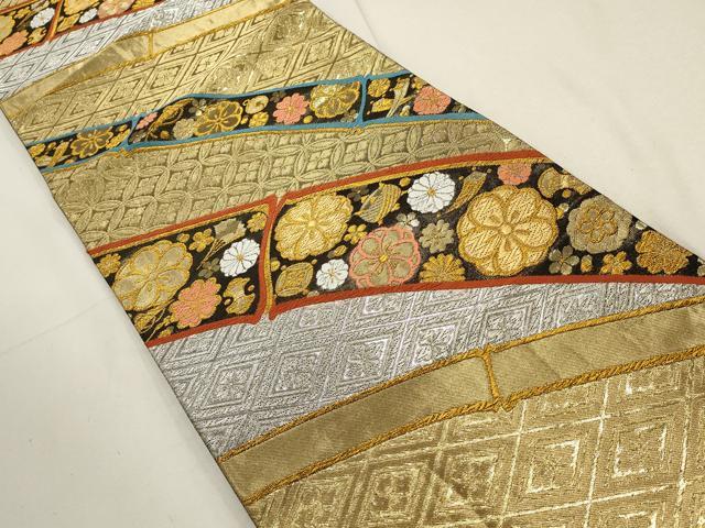 平和屋着物▽六通柄袋帯 七宝花菱文 黒地 金銀糸 正絹 逸品