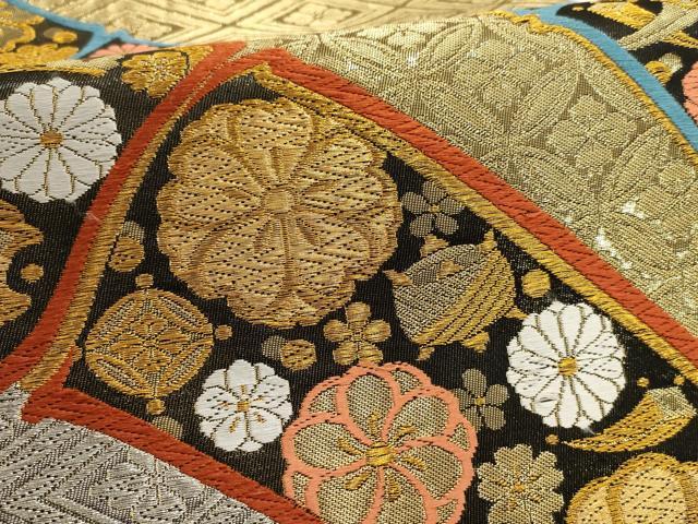 平和屋着物▽六通柄袋帯 七宝花菱文 黒地 金銀糸 正絹 逸品