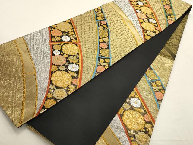 平和屋着物▽六通柄袋帯 七宝花菱文 黒地 金銀糸 正絹 逸品