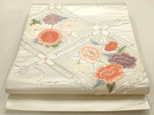 平和屋着物▼総刺繍 袋帯 駒刺繍 花菱文 銀糸 正絹 逸品 AABD8172wj