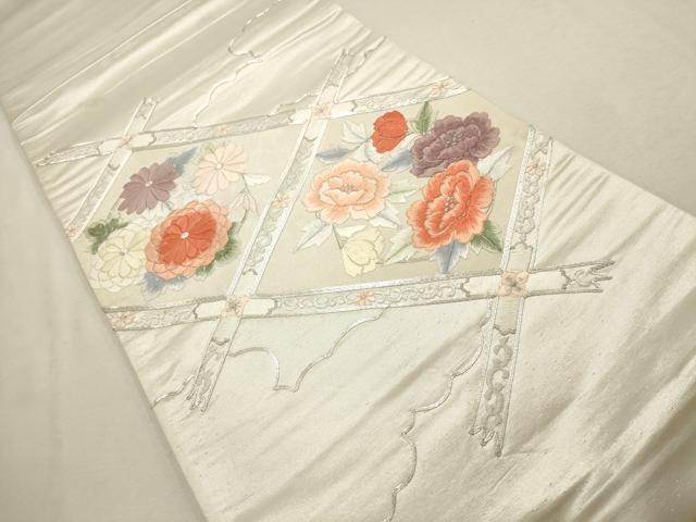 平和屋着物▼総刺繍 袋帯 駒刺繍 花菱文 銀糸 正絹 逸品 AABD8172wj