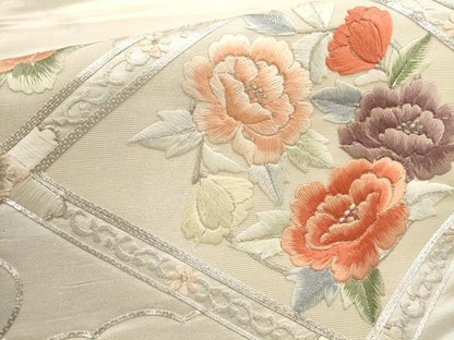 平和屋着物▼総刺繍 袋帯 駒刺繍 花菱文 銀糸 正絹 逸品 AABD8172wj