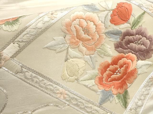 平和屋着物▼総刺繍 袋帯 駒刺繍 花菱文 銀糸 正絹 逸品 AABD8172wj