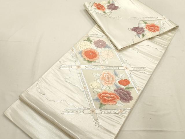 平和屋着物▼総刺繍 袋帯 駒刺繍 花菱文 銀糸 正絹 逸品 AABD8172wj