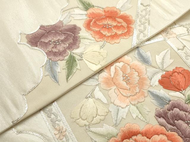 平和屋着物▼総刺繍 袋帯 駒刺繍 花菱文 銀糸 正絹 逸品 AABD8172wj