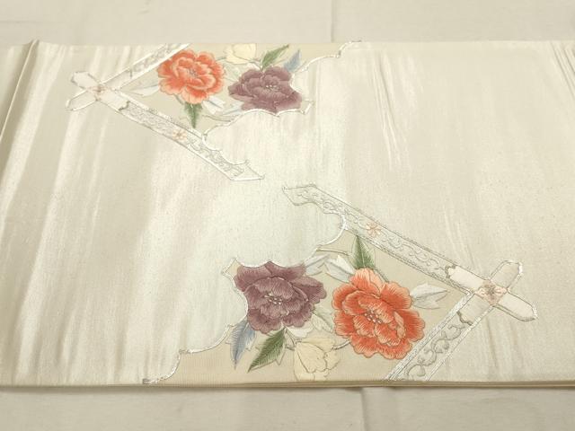 平和屋着物▼総刺繍 袋帯 駒刺繍 花菱文 銀糸 正絹 逸品 AABD8172wj