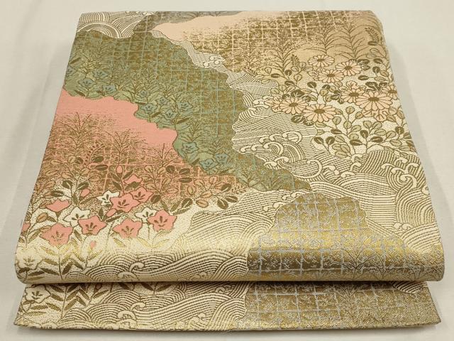 平和屋着物▼佐賀錦　六通柄袋帯　道長流水花文　金糸　正絹　逸品　AABD8197wj