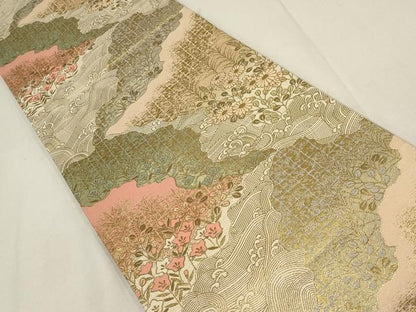 平和屋着物▼佐賀錦　六通柄袋帯　道長流水花文　金糸　正絹　逸品　AABD8197wj