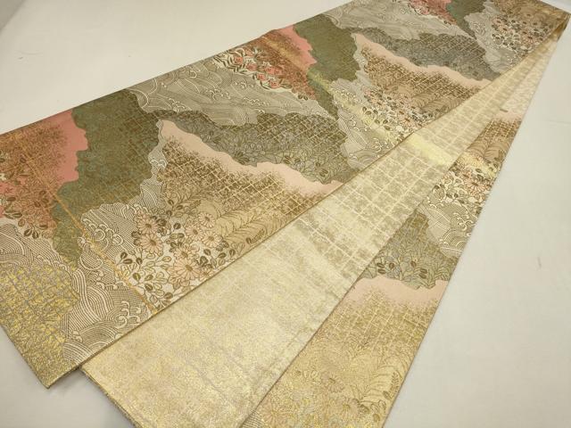 平和屋着物▼佐賀錦　六通柄袋帯　道長流水花文　金糸　正絹　逸品　AABD8197wj