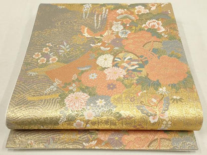 平和屋着物▼全通柄袋帯　貴集院錦　花蝶文　松竹梅　金糸　正絹　逸品　AABD8203wj