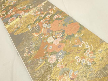 平和屋着物▼全通柄袋帯　貴集院錦　花蝶文　松竹梅　金糸　正絹　逸品　AABD8203wj