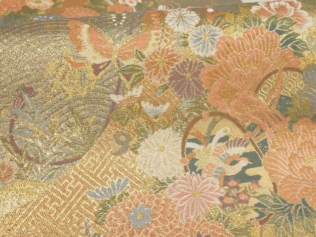 平和屋着物▼全通柄袋帯　貴集院錦　花蝶文　松竹梅　金糸　正絹　逸品　AABD8203wj
