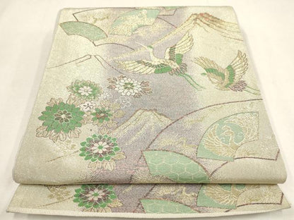 平和屋着物▼六通柄袋帯　地紙飛鶴花文　金糸　正絹　逸品　AABD8218wj