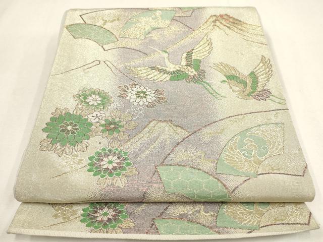 平和屋着物▼六通柄袋帯　地紙飛鶴花文　金糸　正絹　逸品　AABD8218wj