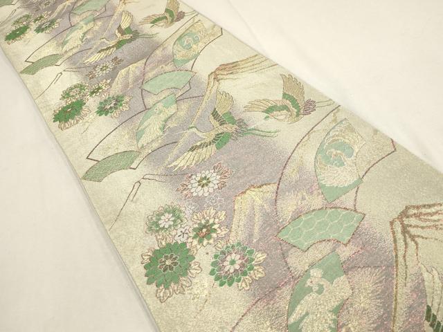 平和屋着物▼六通柄袋帯　地紙飛鶴花文　金糸　正絹　逸品　AABD8218wj