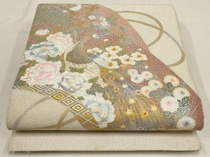 平和屋着物▼綴れ　太鼓柄袋帯　地紙孔雀花文　金糸　銀通し地　正絹　逸品　AABD8224wj
