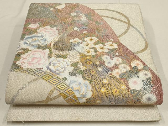 平和屋着物▼綴れ　太鼓柄袋帯　地紙孔雀花文　金糸　銀通し地　正絹　逸品　AABD8224wj
