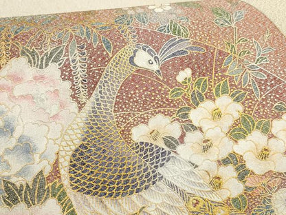 平和屋着物▼綴れ　太鼓柄袋帯　地紙孔雀花文　金糸　銀通し地　正絹　逸品　AABD8224wj