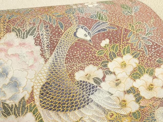 平和屋着物▼綴れ　太鼓柄袋帯　地紙孔雀花文　金糸　銀通し地　正絹　逸品　AABD8224wj