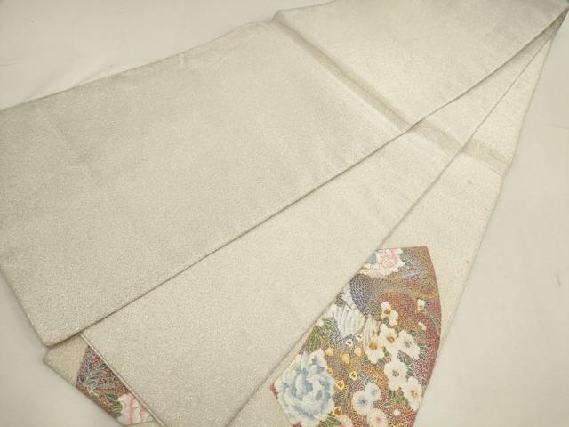 平和屋着物▼綴れ　太鼓柄袋帯　地紙孔雀花文　金糸　銀通し地　正絹　逸品　AABD8224wj