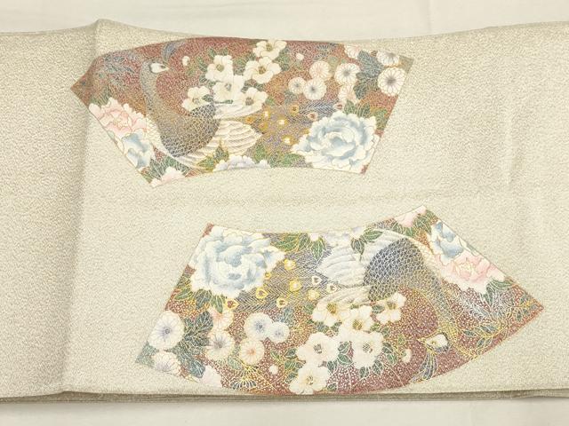 平和屋着物▼綴れ　太鼓柄袋帯　地紙孔雀花文　金糸　銀通し地　正絹　逸品　AABD8224wj