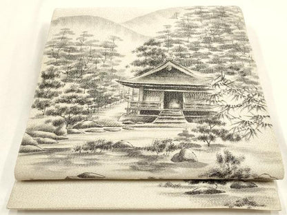平和屋着物▼綴れ 太鼓柄袋帯 作家物 手描き 遠山風景文 銀通し地 正絹 逸品 AABD8226wj
