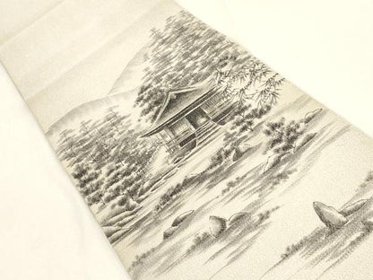 平和屋着物▼綴れ 太鼓柄袋帯 作家物 手描き 遠山風景文 銀通し地 正絹 逸品 AABD8226wj