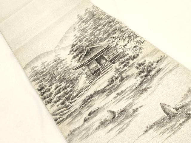 平和屋着物▼綴れ 太鼓柄袋帯 作家物 手描き 遠山風景文 銀通し地 正絹 逸品 AABD8226wj