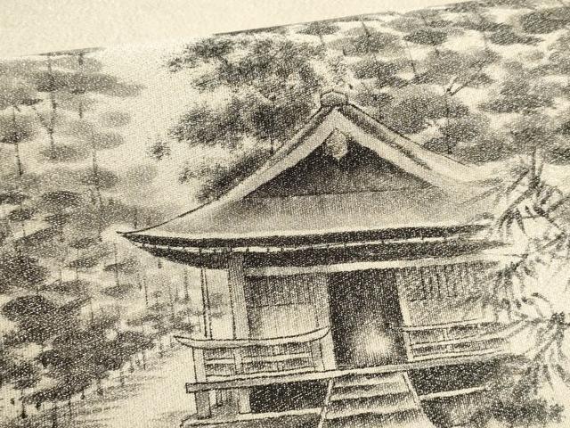 平和屋着物▼綴れ 太鼓柄袋帯 作家物 手描き 遠山風景文 銀通し地 正絹 逸品 AABD8226wj