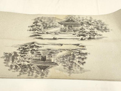 平和屋着物▼綴れ 太鼓柄袋帯 作家物 手描き 遠山風景文 銀通し地 正絹 逸品 AABD8226wj