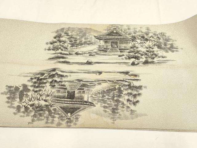 平和屋着物▼綴れ 太鼓柄袋帯 作家物 手描き 遠山風景文 銀通し地 正絹 逸品 AABD8226wj