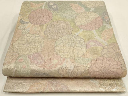平和屋着物▼六通柄袋帯　ふくれ織　亀甲草花文　銀糸　正絹　逸品　AABD8227wj