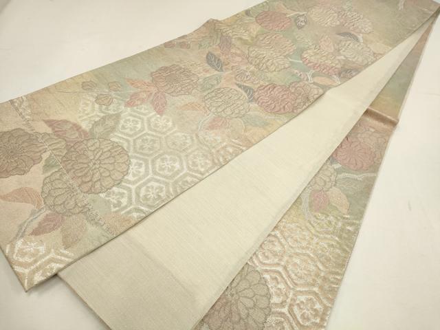 平和屋着物▼六通柄袋帯　ふくれ織　亀甲草花文　銀糸　正絹　逸品　AABD8227wj