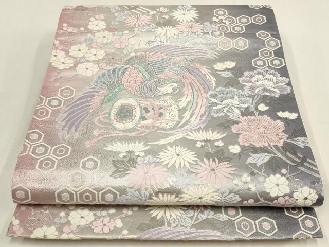 平和屋着物▼六通柄袋帯　亀甲花鳥文　銀糸　正絹　逸品　AABD8228wj