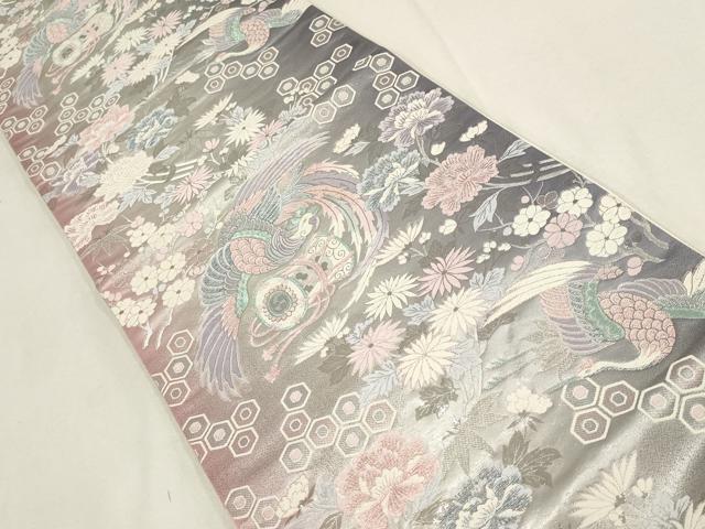 平和屋着物▼六通柄袋帯　亀甲花鳥文　銀糸　正絹　逸品　AABD8228wj
