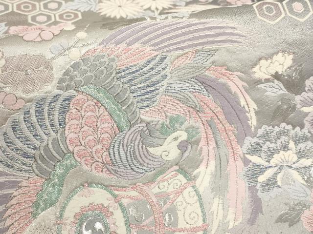 平和屋着物▼六通柄袋帯　亀甲花鳥文　銀糸　正絹　逸品　AABD8228wj