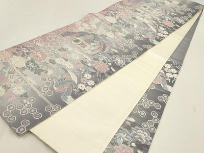 平和屋着物▼六通柄袋帯　亀甲花鳥文　銀糸　正絹　逸品　AABD8228wj