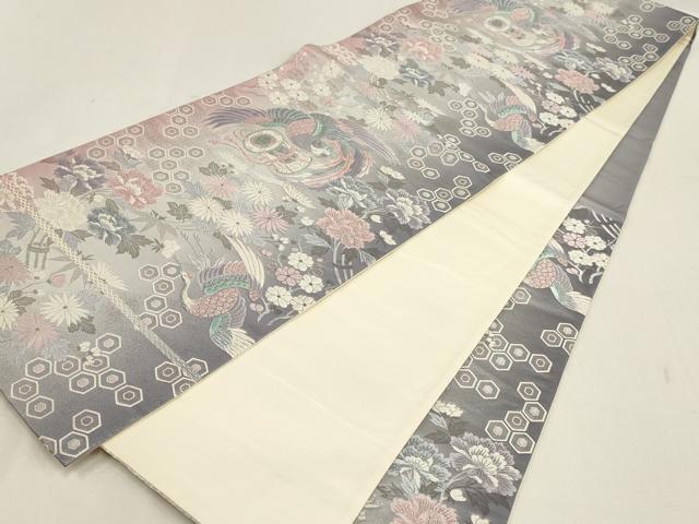 平和屋着物▼六通柄袋帯　亀甲花鳥文　銀糸　正絹　逸品　AABD8228wj
