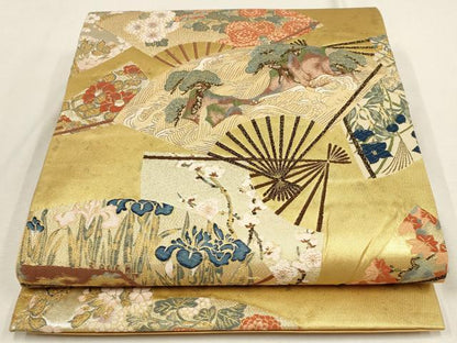 平和屋着物▼六通柄袋帯 宗達草花扇面図 金銀糸 引箔 正絹 逸品 AABD8232wj