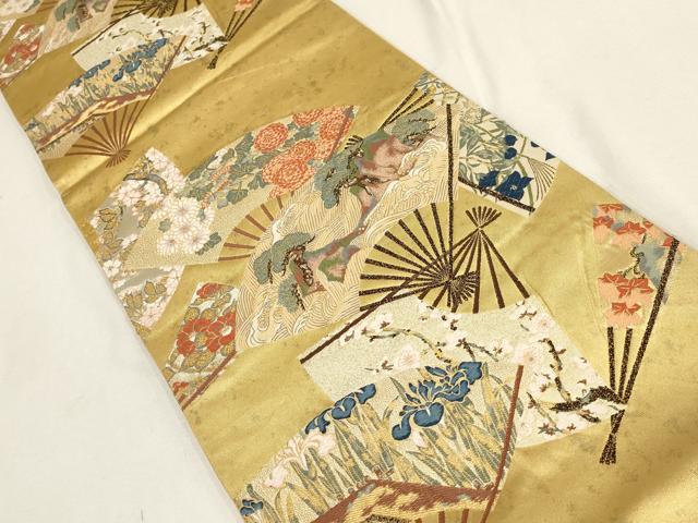 平和屋着物▼六通柄袋帯 宗達草花扇面図 金銀糸 引箔 正絹 逸品 AABD8232wj