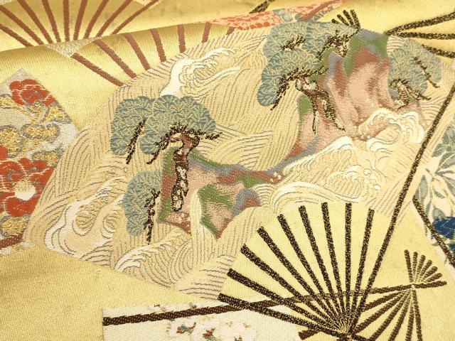 平和屋着物▼六通柄袋帯 宗達草花扇面図 金銀糸 引箔 正絹 逸品 AABD8232wj
