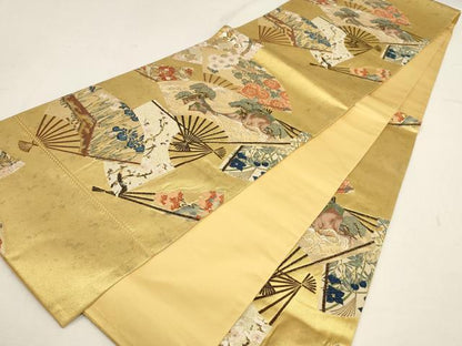 平和屋着物▼六通柄袋帯 宗達草花扇面図 金銀糸 引箔 正絹 逸品 AABD8232wj