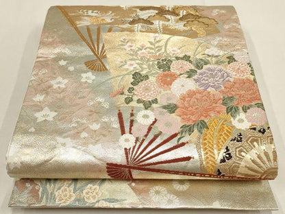 平和屋着物▼六通柄袋帯 扇面花鳥文 金銀糸 正絹 逸品 AABD8233wj