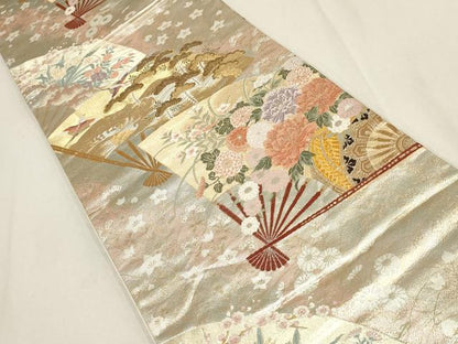 平和屋着物▼六通柄袋帯 扇面花鳥文 金銀糸 正絹 逸品 AABD8233wj
