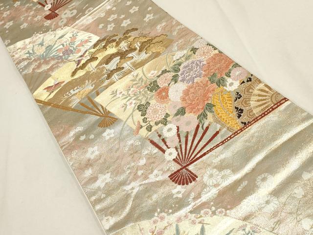 平和屋着物▼六通柄袋帯 扇面花鳥文 金銀糸 正絹 逸品 AABD8233wj