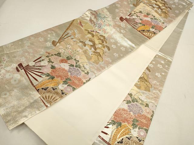 平和屋着物▼六通柄袋帯 扇面花鳥文 金銀糸 正絹 逸品 AABD8233wj
