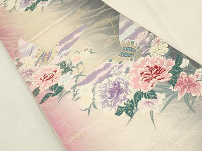 平和屋着物▼六通柄袋帯 唐織 花蝶文 オーロラ箔 金銀糸 正絹 逸品 AABD8234wj