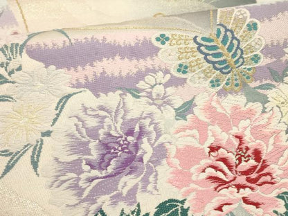 平和屋着物▼六通柄袋帯 唐織 花蝶文 オーロラ箔 金銀糸 正絹 逸品 AABD8234wj