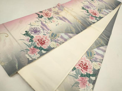 平和屋着物▼六通柄袋帯 唐織 花蝶文 オーロラ箔 金銀糸 正絹 逸品 AABD8234wj
