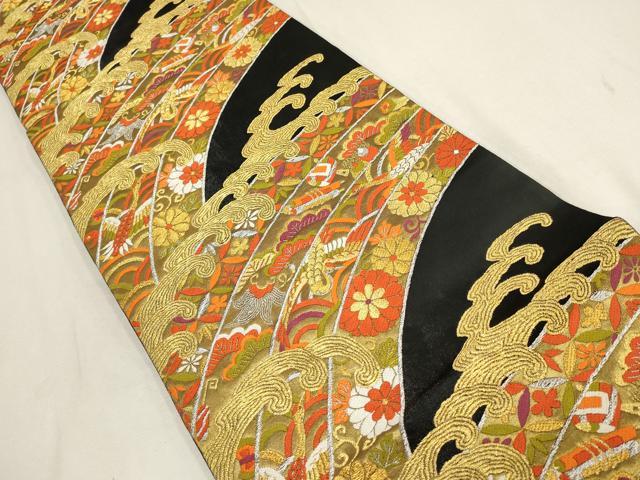 平和屋着物▼六通柄袋帯 立波飛鶴花文 黒地 金銀糸 正絹 逸品 AABD8237wj